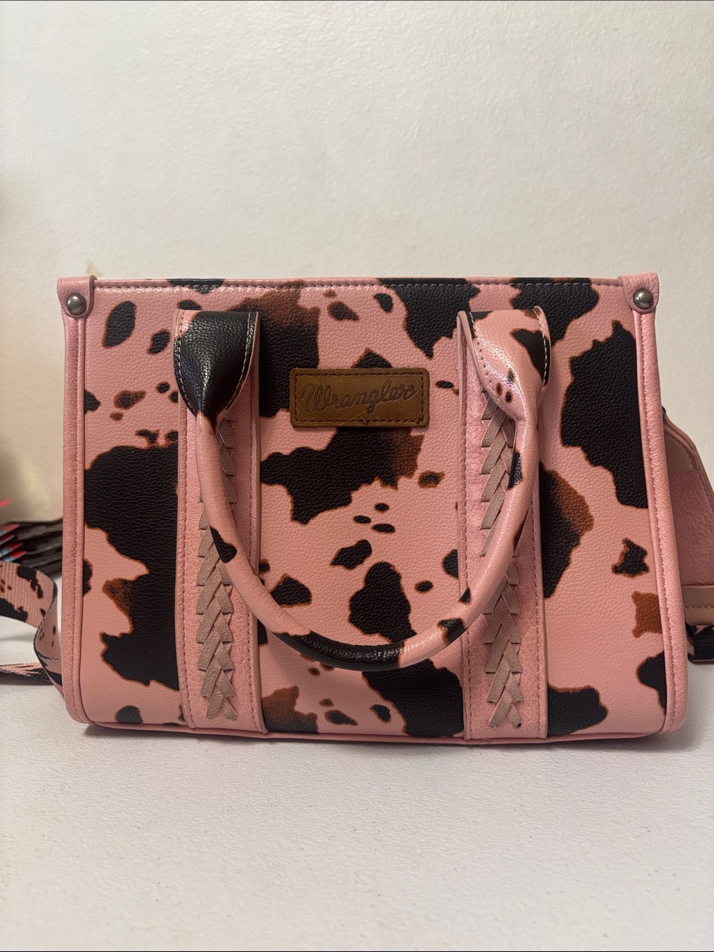 Wrangler Pink Cowhide-Print Satchel with Brown and Black Accents